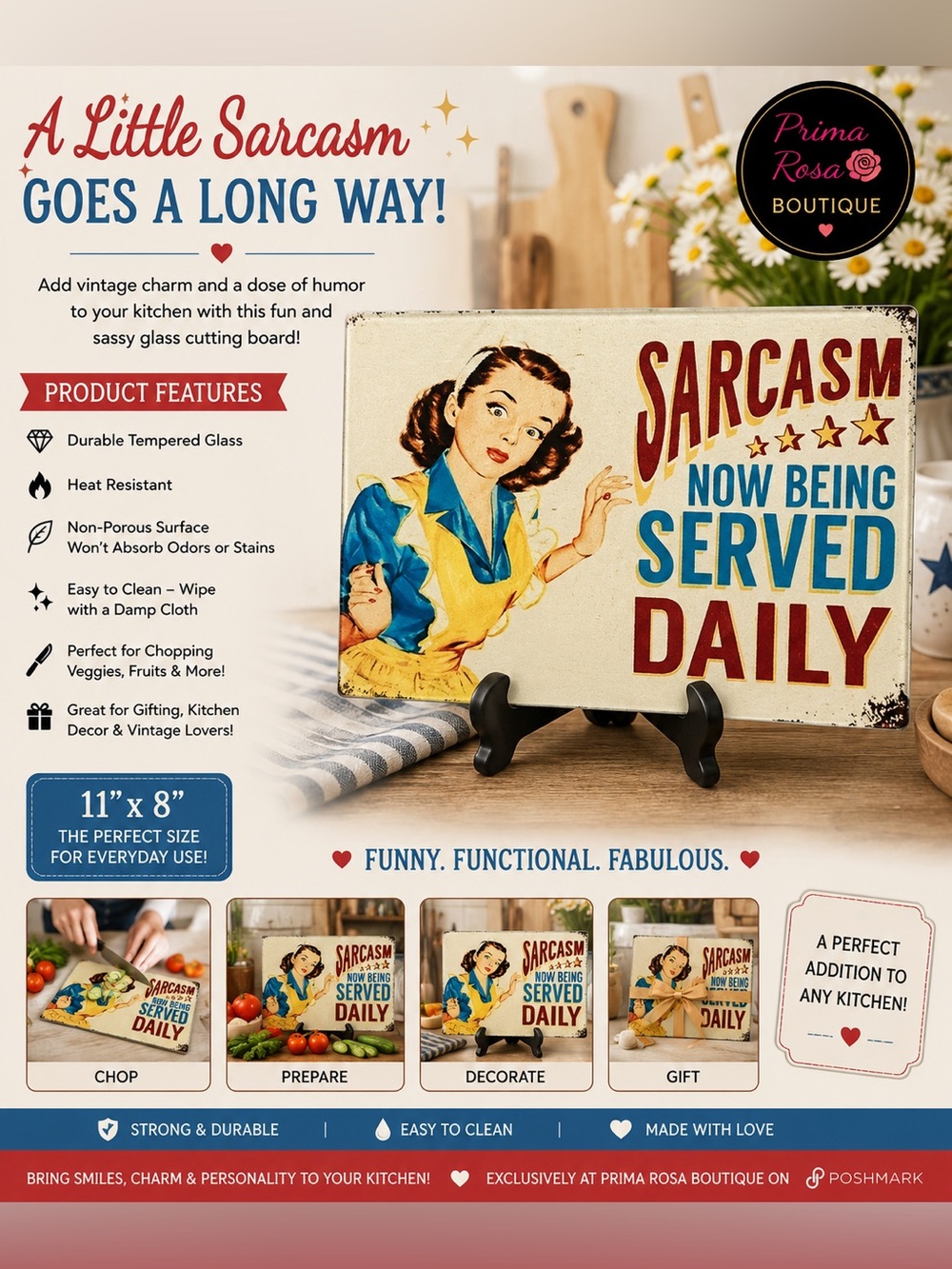 Retro Sarcasm Kitchen Glass Cutting Board with Vintage Illustration